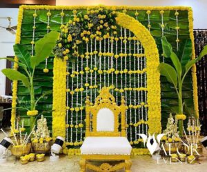 Home Traditional haldi decoration with marigold flowers